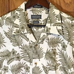 Van Heusen Floral Linen Blend Hawaiian Shirt Men's L Tan SS Button Up Beach Top